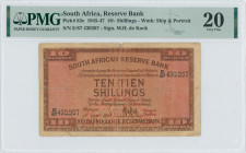 SOUTH AFRICA: 10 Shillings (10.4.1947) in dark brown on pink and pale green unpt. S/N: "E/87 430207". WMK: Sailing ship and portrait of J van Riebeeck...