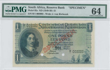 SOUTH AFRICA: Specimen of 1 Pound (1.9.1948) in blue. Portrait of Jan van Riebeek at left on face. S/N: "B/1 000000". Red diagonal ovpt "SPECIMEN" at ...