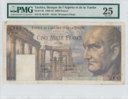 TUNISIA: 5000 Francs (3.3.1950) in violet. Roman ruins at left and Roman emperor Vespasian at right on face. S/N: "H.40 619". WMK: Woman head. Inside ...