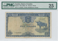 ZAMBIA: 5 Pounds (ND 1964) in blue on multicolor unpt. Wildebeest at right and coat of arms at upper center on face. S/N: "C/1 215618". WMK: Wildebees...