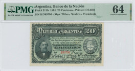 ARGENTINA: 20 Centavos (1.11.1891) in black on green unpt. Portrait of Bartolome Mitre at left, coat of arms at right on face. S/N: "H 589796". Signat...