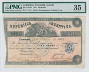 ARGENTINA: 100 Pesos (15.10.1861) in black on pink unpt. Hermes seated at upper center on face. S/N: "04443". Blue oval cachet "EMISION DE 15 DE OCTUB...