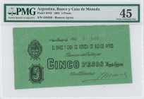 ARGENTINA: 5 Pesos (1.1.1864) in black on green paper. Coat of arms at upper left on face. S/N: "554640". Uniface. Inside holder by PMG "Choice Extrem...