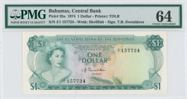 BAHAMAS: 1 Dollar (Law 1974) in dark blue-green on multicolor unpt. Queen Elizabeth II at left on face. S/N: "J/1 157724". WMK: Shellfish. Signature b...