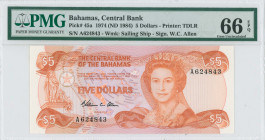 BAHAMAS: 5 Dollars (Law 1974 / ND 1984) in orange on multicolor unpt. Mature portrait of Queen Elizabeth II at center-right on face. S/N: "A 624843". ...