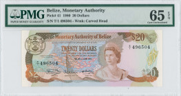 BELIZE: 20 Dollars (1.6.1980) in brown on multicolor unpt. Queen Elizabeth II at center-right and underwater scene with reef and fish in center backgr...