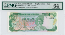 BELIZE: Replacement of 1 Dollar (1.1.1986) in green on multicolor unpt. Queen Elizabeth II at center-right and underwater scene with reef and fish in ...