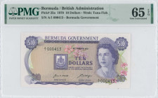 BERMUDA: 10 Dollars (6.2.1970) in purple on brown and multicolor unpt. Queen Elizabeth II at right on face. Low S/N: "A/I 000413". WMK: Tuna fish. Pri...