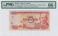 BOLIVIA: 100 Bolivianos (ND 2005) in red-violet and orange on multicolor unpt. Gabriel Rene Moreno at right and coat of arms at lower left on face. S/...