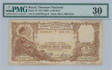 BRAZIL: 5 Mil Reis (ND 1903) in black on ochre unpt. Woman seated with flowers and fruits on face. S/N: "5A 018780". WMK: "RB" & "5000 Reis". Inside h...