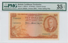 BRITISH CARIBBEAN TERITORRIES: 10 Dollars (1.9.1951) in light brown on multicolor unpt. Map at lower left, portrait of King George VI at right on face...