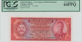 BRITISH HONDURAS: 5 Dollars (1.2.1952) in red on multicolor unpt. Coat of arms at left, portrait of King George VI at right on face. S/N: "C/3 018365"...