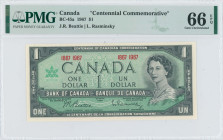 CANADA: 1 Dollar (1967) in black on green unpt. Queen Elizabeth II at right on face. The serial number is replaced by the Centennial dates 1867-1967. ...