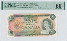 CANADA: 20 Dollars (1979) in deep olive-green on multicolor unpt. Queen Elizabeth II at right and coat of arms at left on face. S/N: "50466529719". Si...