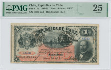 CHILE: 1 Peso (20.3.1894) in black on red-orange unpt. Similar to Chile #1 but with coat of arms at left and 1s in corners. S/N: "41563". Printed by A...