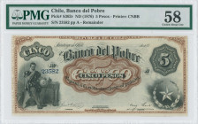 CHILE: Remainder of 5 Pesos (ND 1876) in black, brown and yellow. Man seated with globe (Columbus) at left and star in wreath at lower right on face. ...