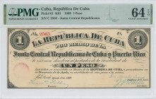 CUBA: 1 Peso (17.8.1869) in black. S/N: "C 26565". Uniface. Inside holder by PMG "Choice Uncirculated 64 EPQ". (Pick 61).