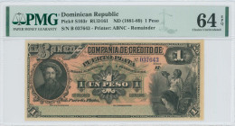 DOMINICAN REPUBLIC: Remainder of 1 Peso (ND 1881-89) in black on red and green unpt. Portrait of Christopher Columbus at left and seated woman with ju...