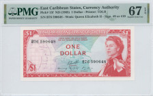 EAST CARIBBEAN STATES: 1 Dollar (ND 1965) in red on multicolor unpt. Map of islands at left and portrait of Queen Elizabeth II at right on face. S/N: ...