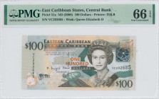 EAST CARIBBEAN STATES: 100 Dollars (ND 2008) in black, brown and dark green on multicolor unpt. Queen Elizabeth II at center right on face. S/N: "VC 2...