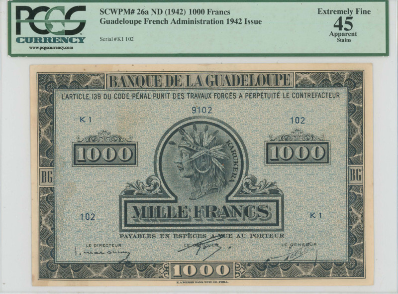 GUADELOUPE: 1000 Francs (ND 1942) in black on blue unpt. Bust of Karukera at cen...