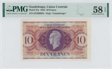 GUADELOUPE: 10 Francs (2.2.1944) in purple. Marianne at center. S/N: "GF 268056". Printed in England. Inside holder by PMG "Choice About Unc 58 EPQ". ...