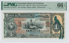 GUATEMALA: 1 Peso (1.8.1914) in black on green, red, blue, brown and orange unpt. Coat of arms at left, seated woman with bales and caduceus at center...