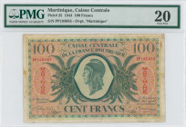 MARTINIQUE: 100 Francs (Law 2.2.1944) in green on orange unpt. Head of Marianne at center. S/N: "PP 193083". Printed in England. Inside holder by PMG ...