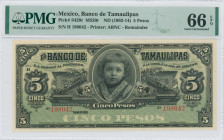 MEXICO: Remainder of 5 Pesos (31.3.1914) in black on green unpt. Portrait of Guadalupe Obregon at center on face. S/N: "H 198042". Printed by ABNC. In...