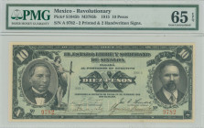 MEXICO: 10 Pesos (1915) in black on pale green unpt. Portrait of Pablo Benito Juarez at left and Portrait of Francisco I Madero at right on face. S/N:...