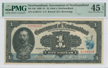 NEWFOUNDLAND: 1 Dollar (2.1.1920) in black on blue unpt. Portrait of King George V at left on face. S/N: "A130113". Signatures by Renouf & Brownrigg. ...