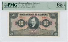 NICARAGUA: 500 Cordobas (1945) in black on multicolor unpt. Portrait of Dario at center on face. S/N: "097131". Printed by ABNC. Inside holder by PMG ...