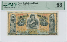 PERU: 1 Sol (30.6.1879) in black on yellow-brown and blue unpt. Cupids at left and right, womman with fruit at center on face. S/N: "B785984". Printed...