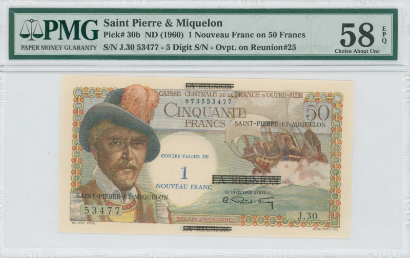 SAINT PIERRE & MIQUELON: 1 Nouveau Franc (ND 1960) overprinted on 50 Francs (Reu...