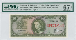 TRINIDAD & TOBAGO: Color trial specimen of 10 Dollars (1964) in olive-green on multicolor. Coat of arms at left and portrait of Queen Elizabeth II at ...