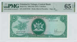 TRINIDAD & TOBAGO: 5 Dollars (Law 1964 / ND 1977) in dark green on multicolor unpt. Coat of arms at center, branches and leaves at left on face. S/N: ...