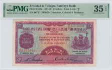 TRINIDAD: 5 Dollars (1.3.1939) in purple on multicolor unpt. Crowned supported royal coat of arms at right on face. S/N: "D/EU 1515042". Code letter "...