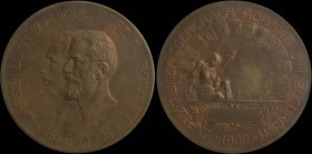 ROMANIA: Gilt-bronze commemorative medal for the International Exhibition in Bucharest (1906). Conjoined busts facing left on obverse. Woman and child...