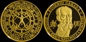 ROMANIA: Commemorative medal (2005) in gold (0,916) for Eugeniu Carada - founder of the National Bank of Romania. The bust of Eugeniu Carada facing ri...