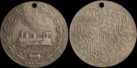 TURKEY: Silver commemorative medal for the Hejaz Railway [AH1318 (1900)]. Illustration of a train & Tughra of Abdul Hamid II on obverse. Legend on rev...