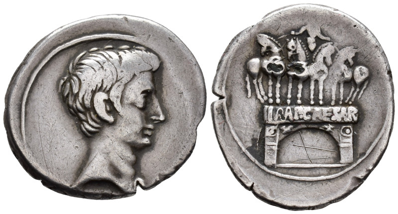 Augustus (27 BC–AD 14). Denarius (Subaeratus, 22 mm, 3.65 g), uncertain mint in ...