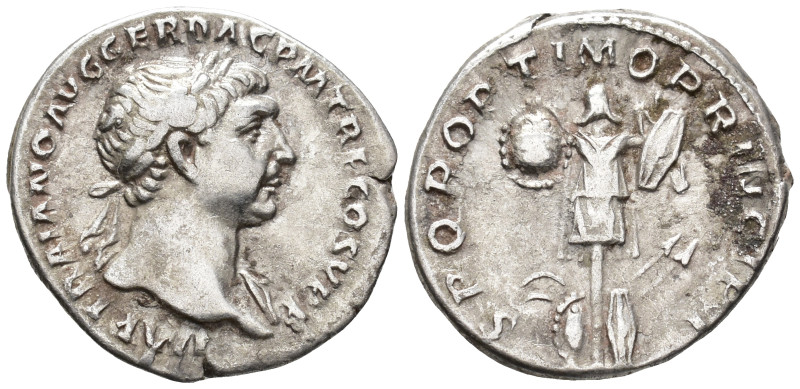 Trajan (AD 97–117). Denarius (AR, 19 mm, 3.63 g), Rome mint, c. 107.

 IMP TRA...