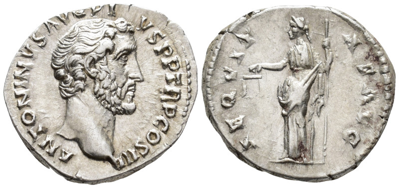 Antoninus Pius (AD 138–161). Denarius (AR, 18 mm, 3.38 g), Rome mint, 141.

 A...