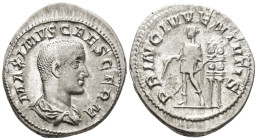 Maximus, Caesar (AD 235/6–238). Denarius (AR, 21 mm, 3.33 g), Rome mint, 236–238.

 MAXIMVS CAES GERM Bare-headed and draped bust of Maximus right, ...
