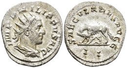 Philip I, Augustus (AD 244–249). Antoninianus (AR, 23 mm, 4.03 g), Rome mint, 248.

 IMP PHILIPPVS AVG Radiate, draped and cuirassed bust of Philip ...