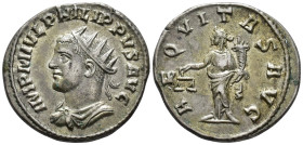 Philip II (AD 244–249). Antoninianus (AR, 21 mm, 4.17 g), Antioch mint, 247.

 IMP M IVL PHILIPPVS AVG Radiate, draped and cuirassed bust of Philip ...