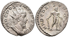 Postumus (AD 260–269). Antoninianus (AR, 22 mm, 3.79 g), Cologne mint, 260–261.

 IMP C POSTVMVS P F AVG Radiate, draped and cuirassed bust of Postu...