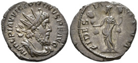 Victorinus (AD 269–271). Antoninianus (AE, 20 mm, 3.17 g), Treveri mint, 269.

 IMP C PIAV VICTORINVS P F AVG Radiate, draped and cuirassed bust of ...