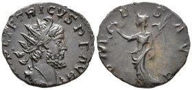Tetricus (AD 271–274). Antoninianus (AE, 18 mm, 1.89 g), Treveri mint, 272–273.

 IMP C TETRICVS P F AVG Radiate, draped and cuirassed bust of Tetri...