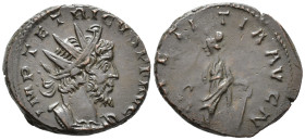 Tetricus (AD 271–274). Antoninianus (AE, 19 mm, 3.58 g), Treveri mint, 272–273.

 IMP TETRICVS P F AVG Radiate, draped and cuirassed bust of Tetricu...